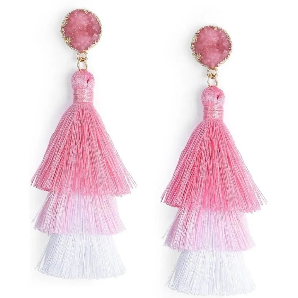 14K Yellow Gold with Pink White Ombre Silk Thread Tassel Quartz Druzy Earrings